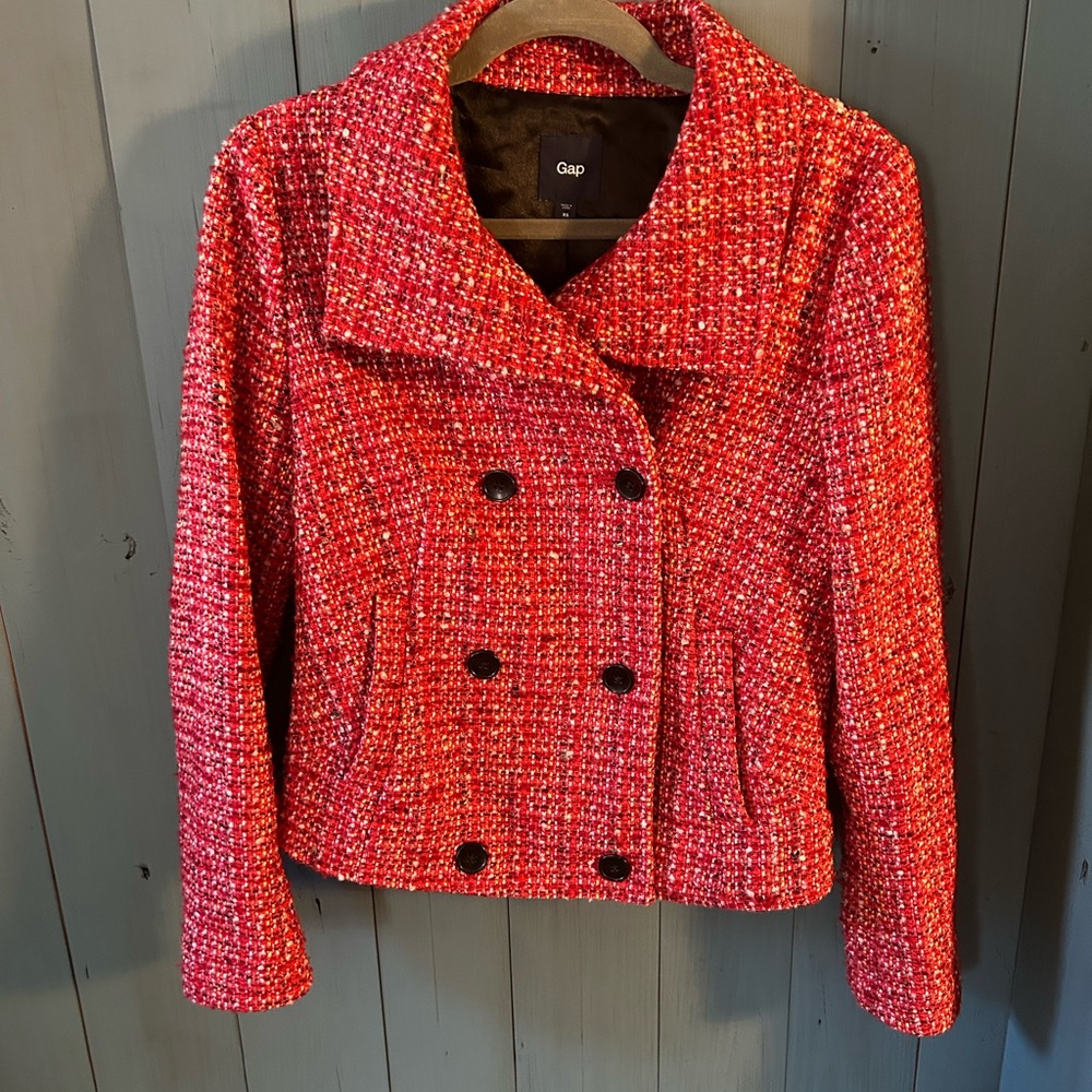 GAP Womens Button Double Breasted Short Pea Coat Blazer, Size XS Red Tweed